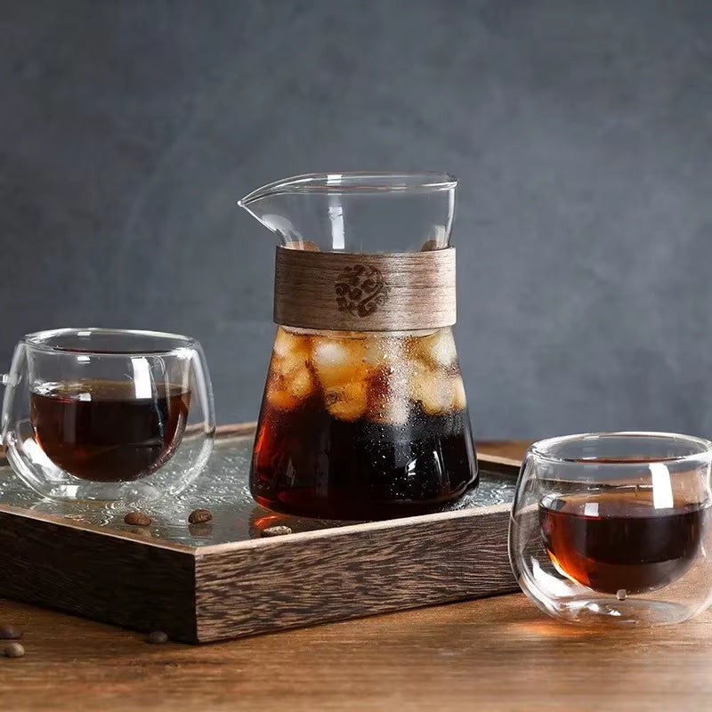 17Oz/500Ml Glass Coffee Pot Carafe with Wood Heat-Resistant Layer, High Borosilicate Espresso Shot Glass Mug ,Coffee Accesories